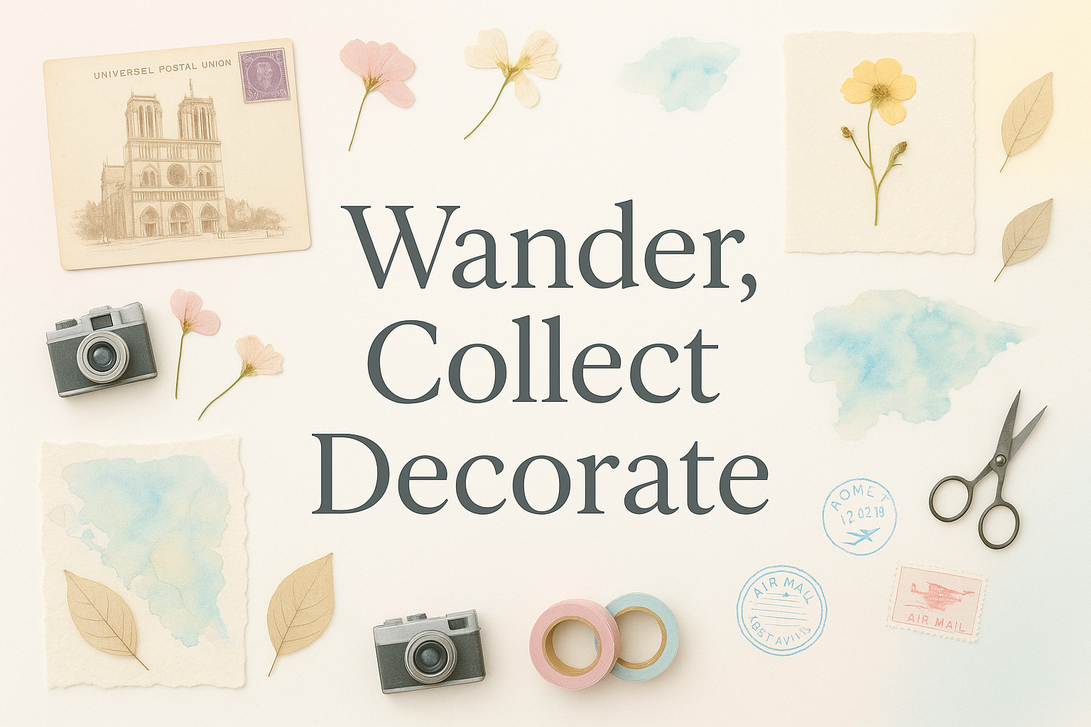 Generate image with pastel pink, blue and yellow colors. This will be my hero image for website. Make it look clean, young and vibrant.
Show three letters - Wander, Collect, Decorate
The back ground should have some travel memories related images and crafts. The image should look clean